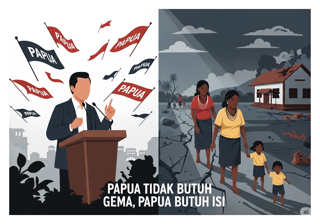 Ilustrasi Politik Suara Lantang: Ketika Narasi Tak Menyentuh Akar Papua | Dok. Arius