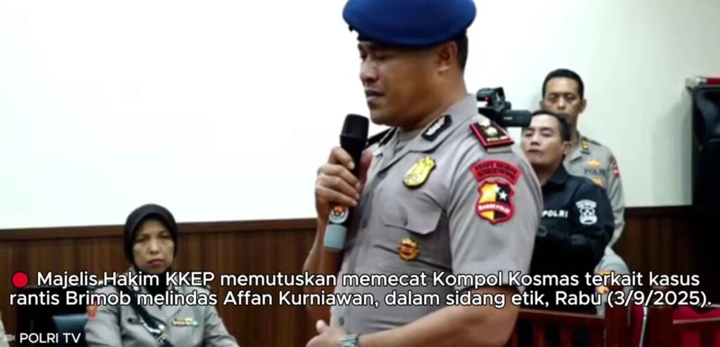 Siaran langsung proses Sidang Komisi Kode Etik Profesi Polri (KKEP) yang berlangsung di Gedung TNCC Polri, Jakarta, Rabu (3/9/2025). | Dok. POLRI TV