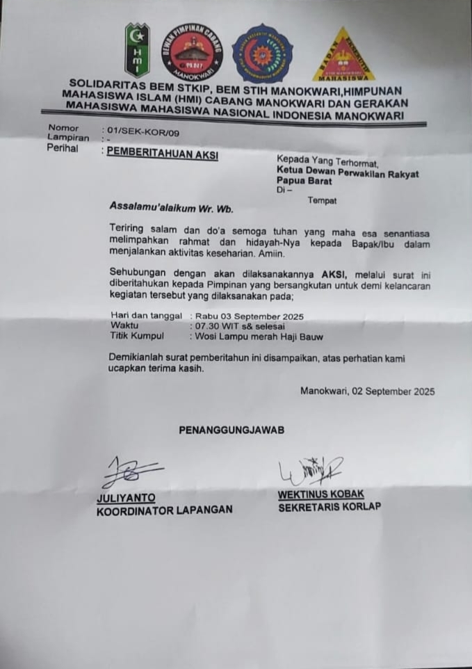 Surat Pemberitahuan Aksi Mahasiswa Manokwari yang beredar, Selasa (02/09). Dok. Pegaf.com