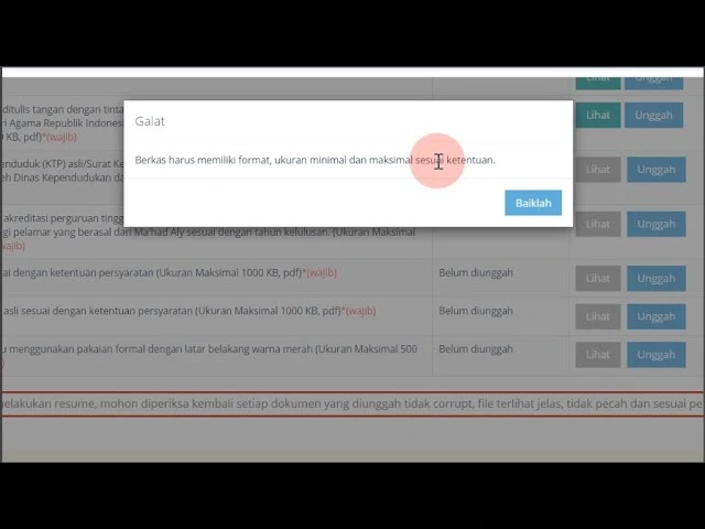 Pesan Gagal Upload Berkas yang tidak sesuai ketentuan di SSCASN. | Dok. Pegaf.com