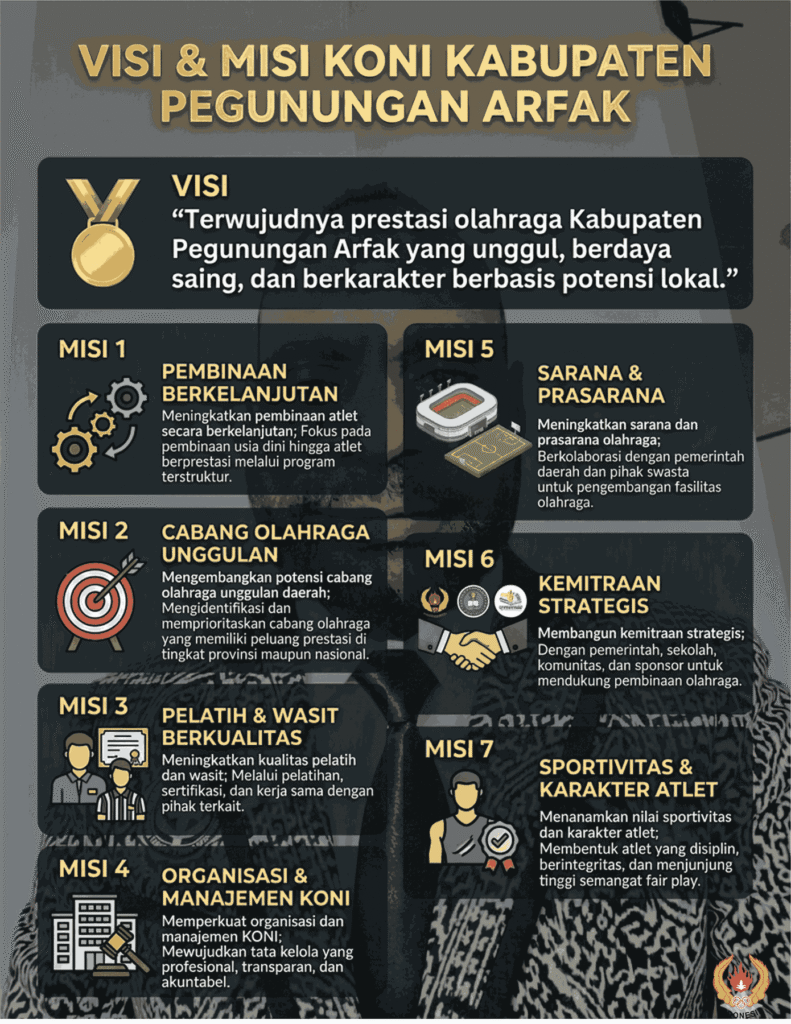 Infografis Visi-Misi Agus Saiba sebgai Bakal Calon Ketua KONI Kabupaten Pegunungan Arfak Periode 2026-2030 | Dok. Pegaf.com / Gavier